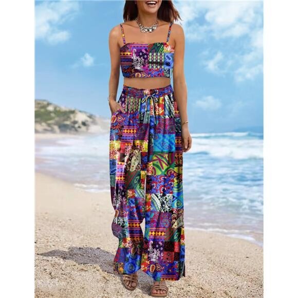 Women‎ Summer Boho Palazzo Pants High Waist Wide Leg Floral Casual Cotton - Picture 2 of 5